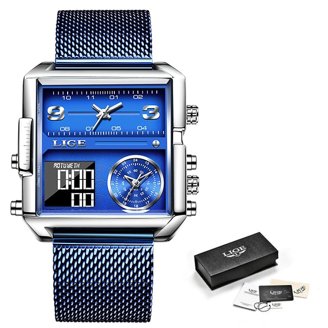 Blue Lige Square Quartz Analogue and Digital  Watch available from FiveTo.co.uk