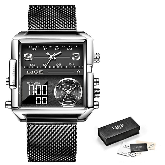 Black Mesh Strap Lige Square Quartz Analogue and Digital  Watch available from FiveTo.co.uk