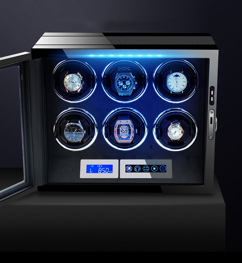 6 Watch Version of Bolai Automatic Watch Winder and Display Case with Fingerprint Security Unlocking LCD Touch Screen Controls for Winding Settings from FiveTo.co.uk