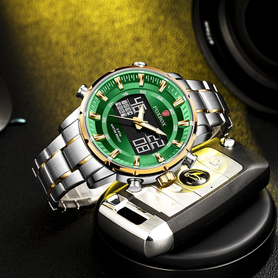 Green Face Lige Foxbox 002 Dual Display Stainless Steel Sports Watch from FiveTo.co.uk
