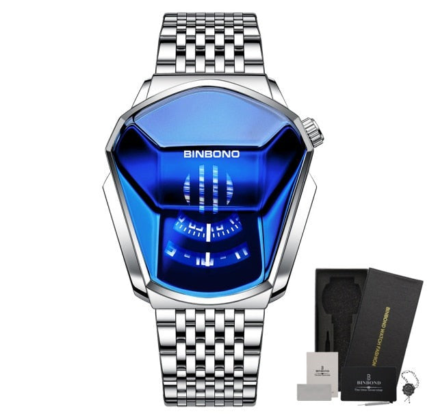 Blue Binbond Model 120 3D Glass Quartz Watch available from FiveTo.co.uk