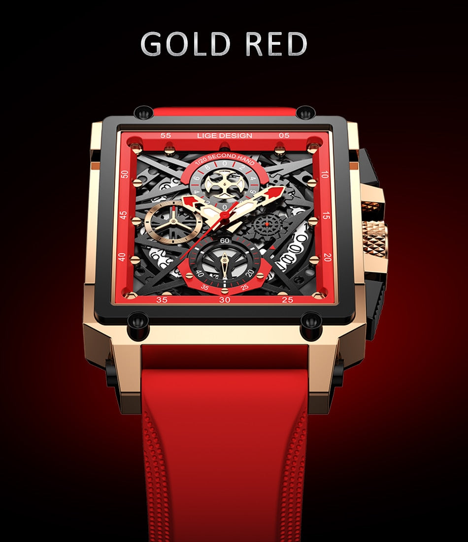 Gold and Red Lige 8935 Skeleton quartz watch from FiveTo.co.uk