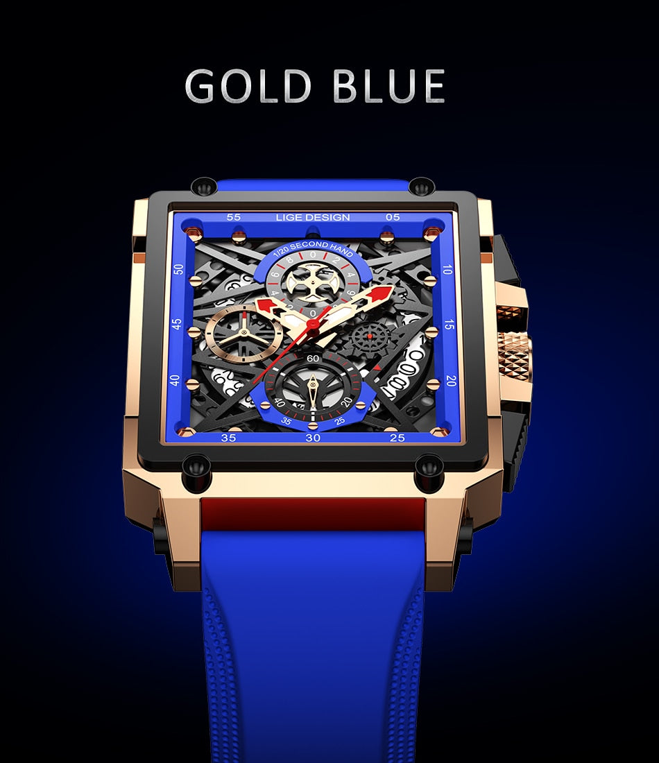 Gold and Blue Lige 8935 Skeleton quartz watch from FiveTo.co.uk