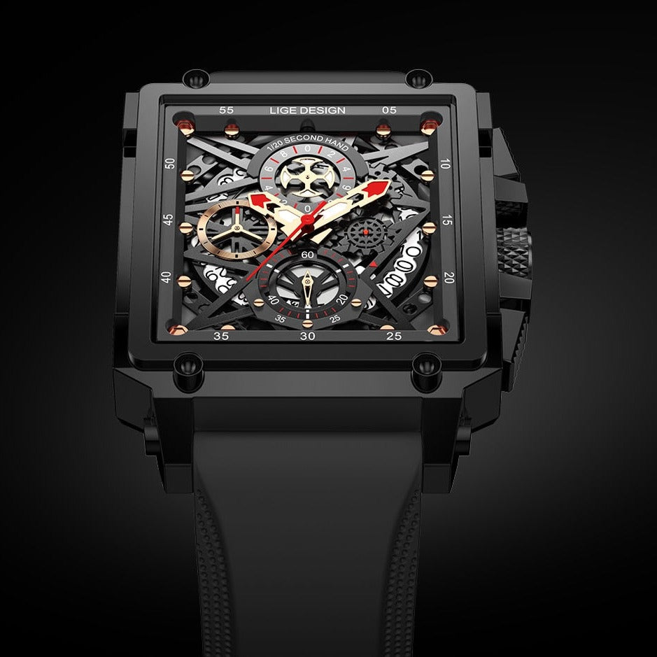 All Black Lige 8935 Skeleton quartz watch from FiveTo.co.uk
