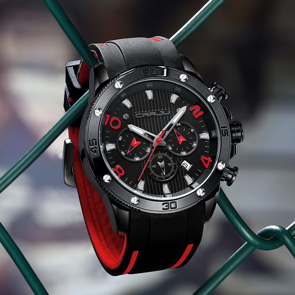 Black/Red Crrju Model 2295 Quartz Chronograph Outdoor Sports Watch available from FiveTo.co.uk