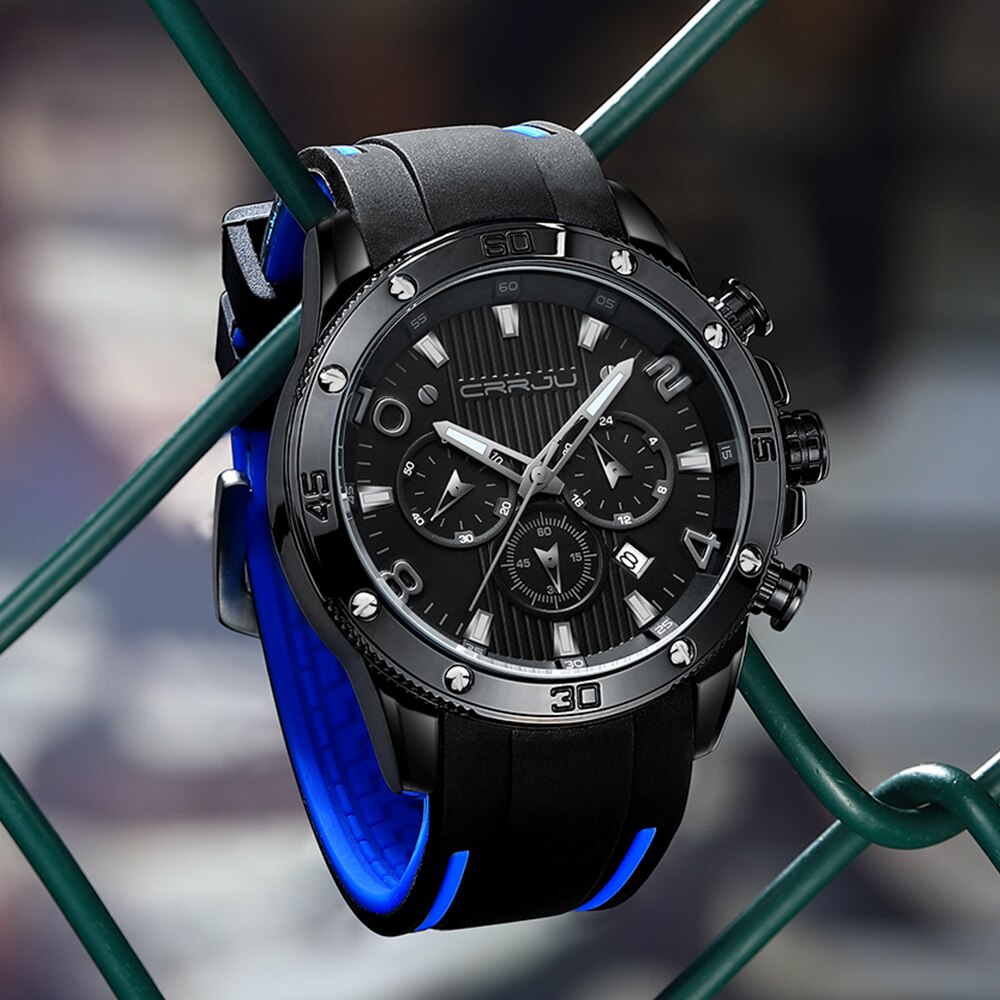 Black/Blue Crrju Model 2295 Quartz Chronograph Outdoor Sports Watch available from FiveTo.co.uk