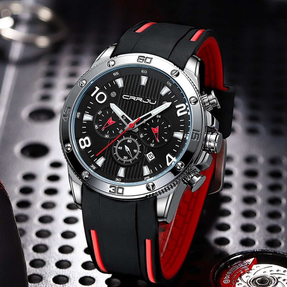 Black/Red Crrju Model 2295 Quartz Chronograph Outdoor Sports Watch available from FiveTo.co.uk