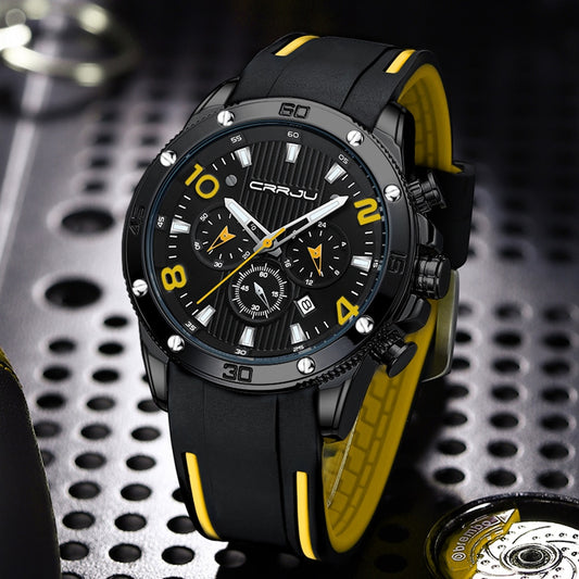 Black/Yellow Crrju Model 2295 Quartz Chronograph Outdoor Sports Watch available from FiveTo.co.uk