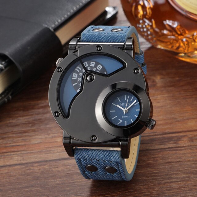 V6 No.1900 Dual Time Zone Twin Dial Quartz Stainless Steel with Leather Strap.