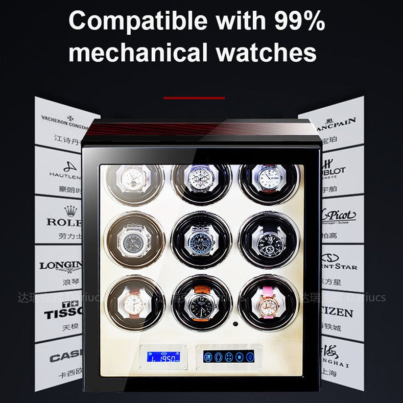 Dariucs Luxury Automatic Watch Winding Display Case with LCD Touch Screen Controls for Winding Settings.