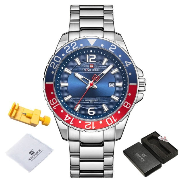 Blue/Red Naviforce 9192 Stainless Steel Calendar Quartz Watch fromfiveto.co.uk