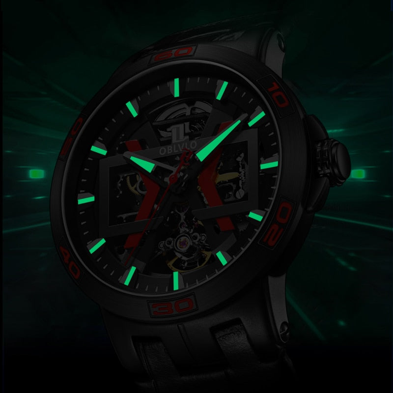 Luminous Oblvlo New UM Series Skeleton Mechanical Automatic Winding Watch available from FiveTo.co.uk 