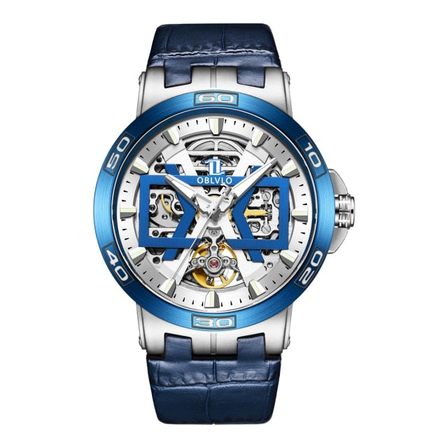 Silver and Blue Oblvlo New UM Series Skeleton Mechanical Automatic Winding Watch available from FiveTo.co.uk 
