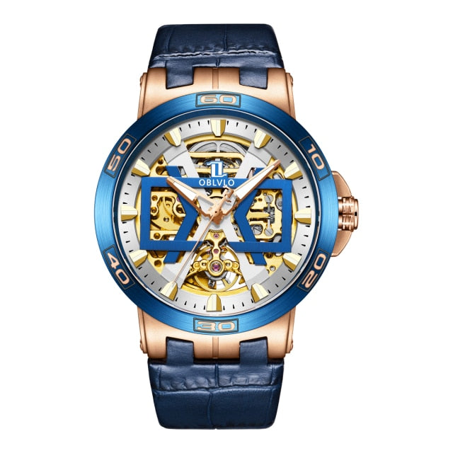 Blue and Gold Oblvlo New UM Series Skeleton Mechanical Automatic Winding Watch available from FiveTo.co.uk 