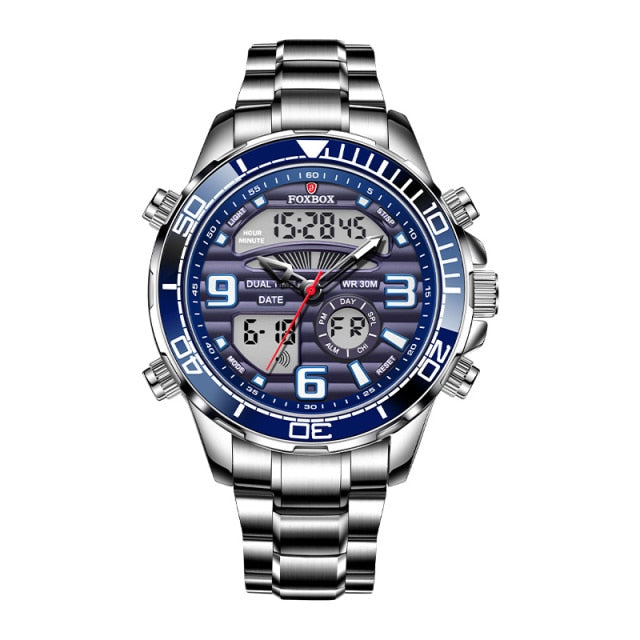 Foxbox FB007 Dual Display Stainless Steel Quartz Sport Watch available from FiveTo.co.uk