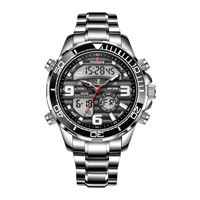 Foxbox FB007 Dual Display Stainless Steel Quartz Sport Watch available from FiveTo.co.uk