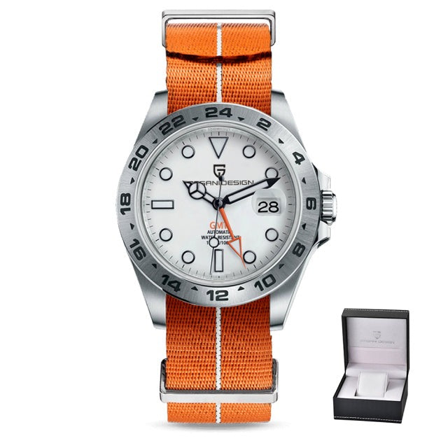 White/Orange strap Pagani Design Model 1682 Stainless Steel Automatic Waterproof Mechanical 42m Watch available from FiveTo.co.uk