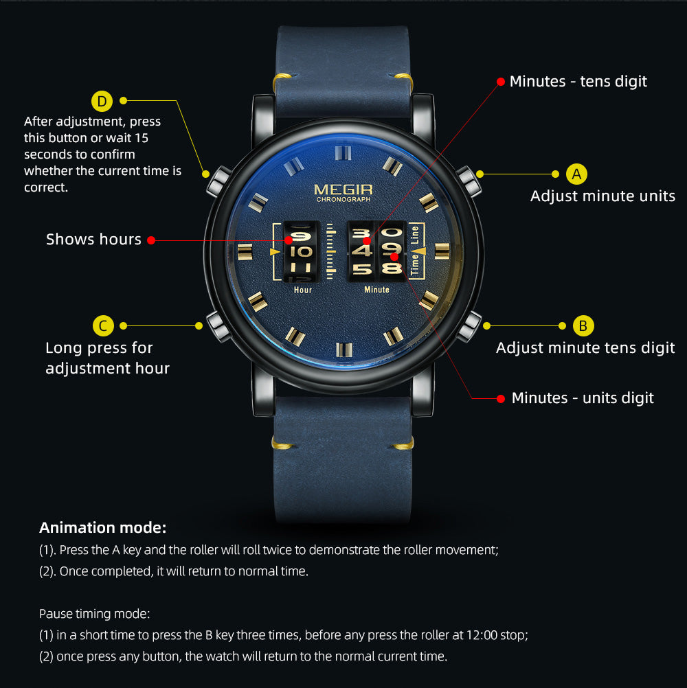 Instructions for Megir No.2137 Numerical Roller Pointer Alloy Quartz Watch, from FiveTo.co.uk