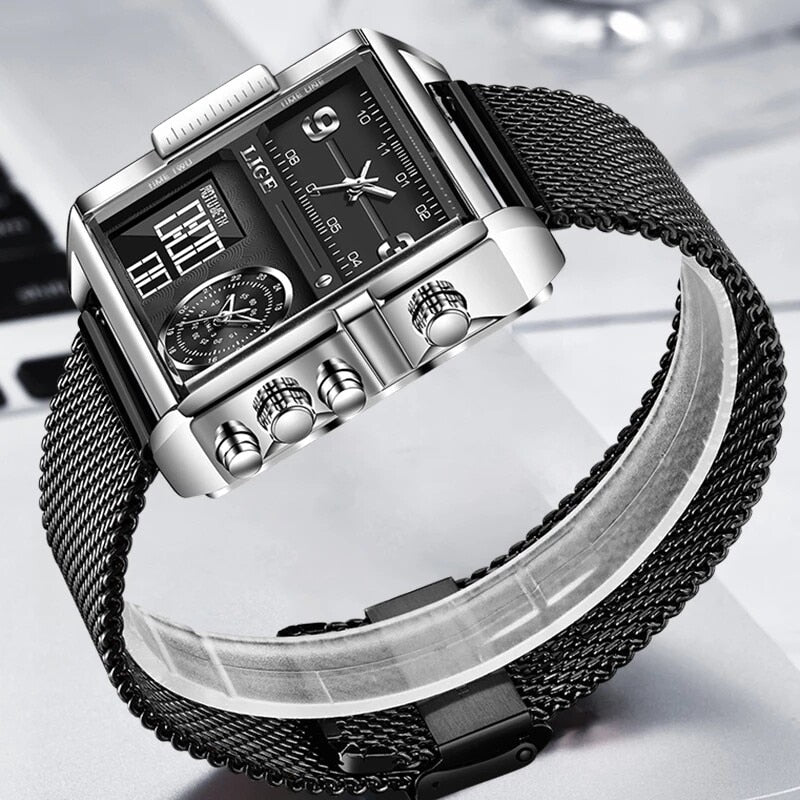 Black/Silver Lige Square Quartz Analogue and Digital  Watch available from FiveTo.co.uk
