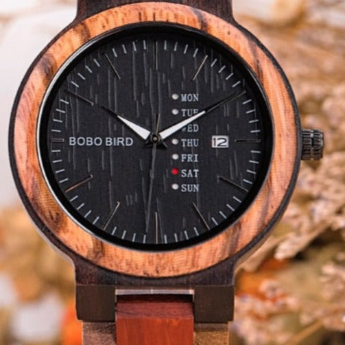 Detail Bobo Bird GP014-1 Wood Quartz Watch Date Display and Wooden Strap available fromFiveTo.co.uk