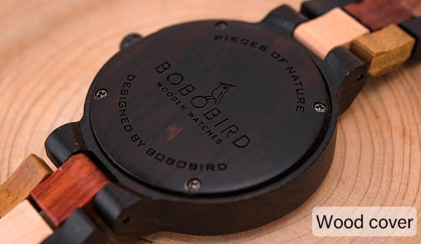 Back view Bobo Bird GP014-1 Wood Quartz Watch Date Display and Wooden Strap available fromFiveTo.co.uk