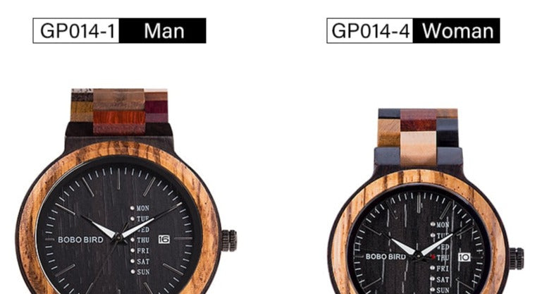 Sizes Bobo Bird GP014-1 Wood Quartz Watch Date Display and Wooden Strap available fromFiveTo.co.uk