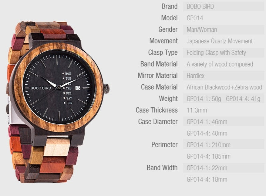 Info Bobo Bird GP014-1 Wood Quartz Watch Date Display and Wooden Strap available fromFiveTo.co.uk